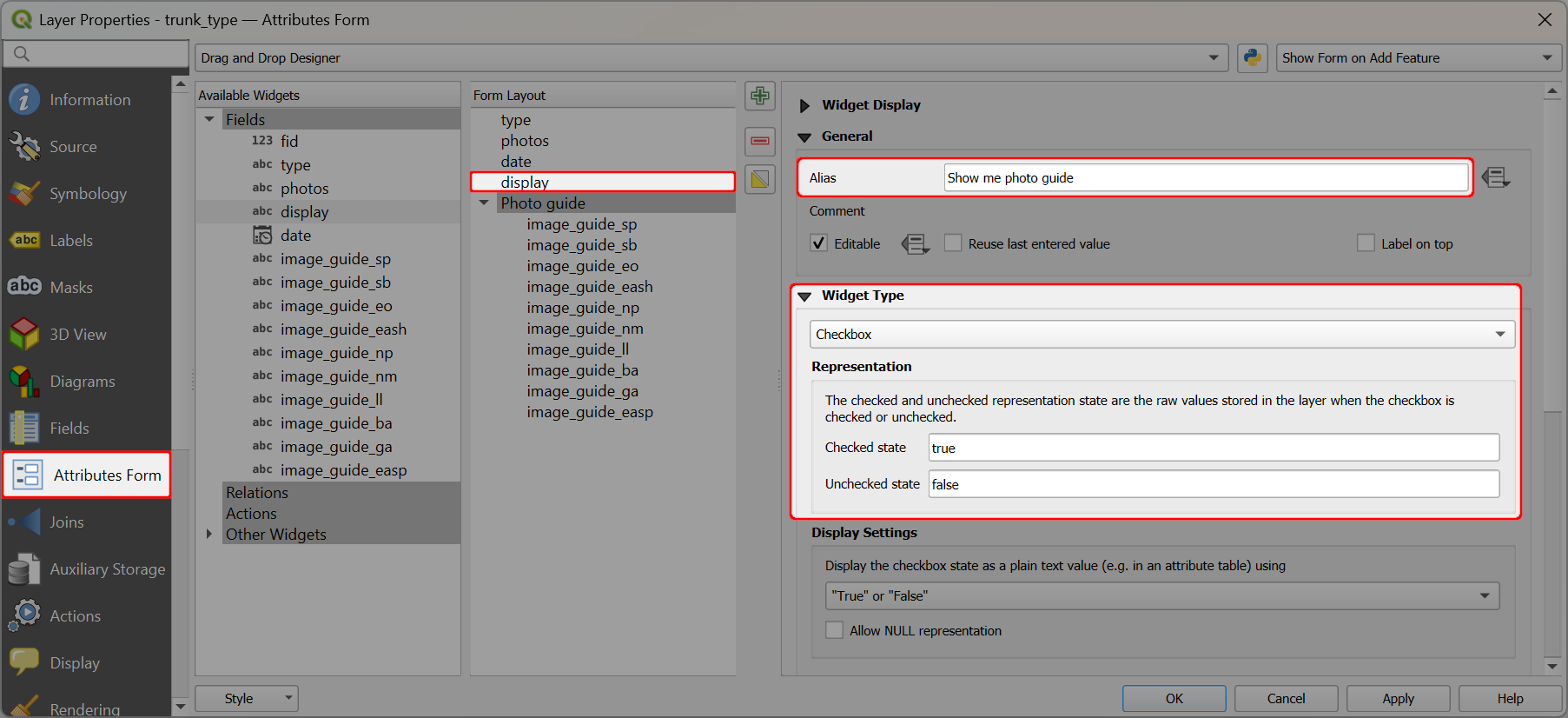 Checkbox widget used to display image guide