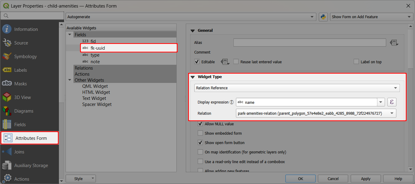 QGIS attributes form relation reference setup QGIS attributes form relation reference setup