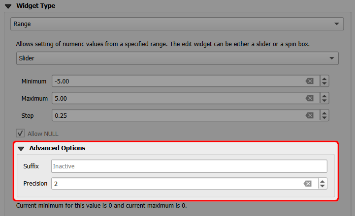 QGIS decimal number slider field form