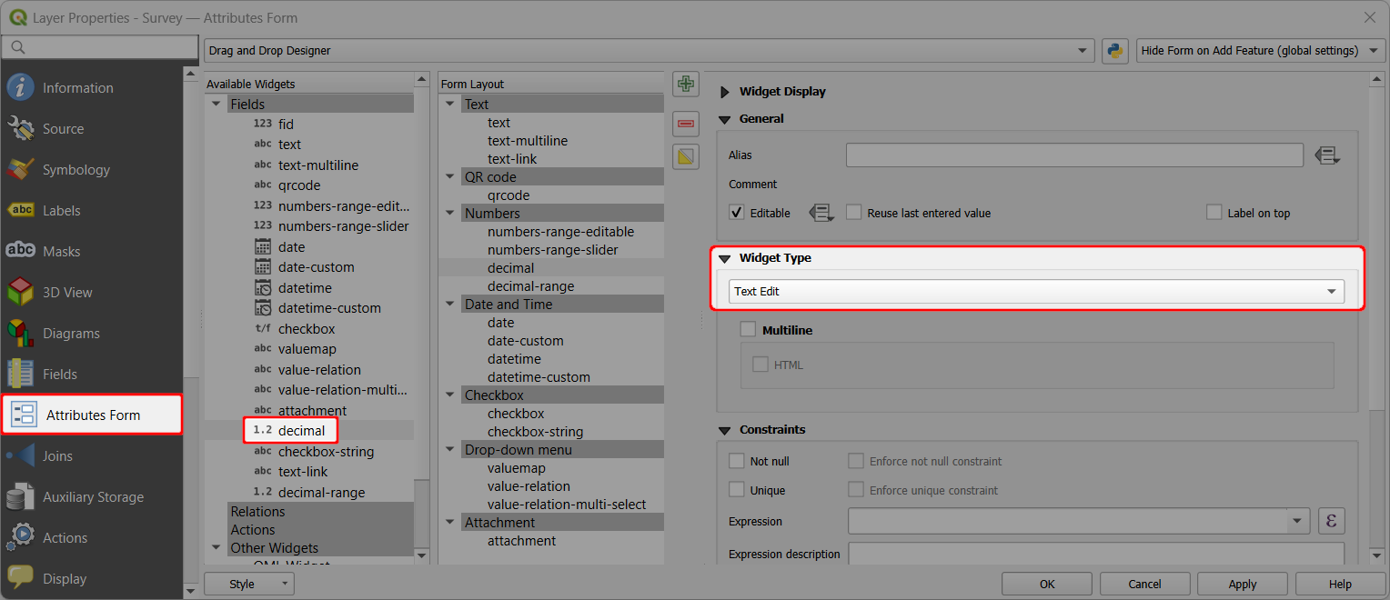 QGIS decimal number text edit form