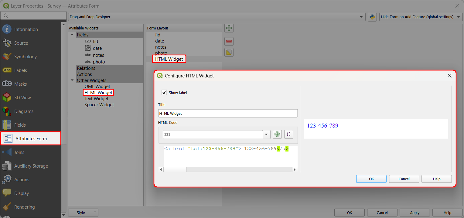 QGIS Attributes form HTML widget with phone call link