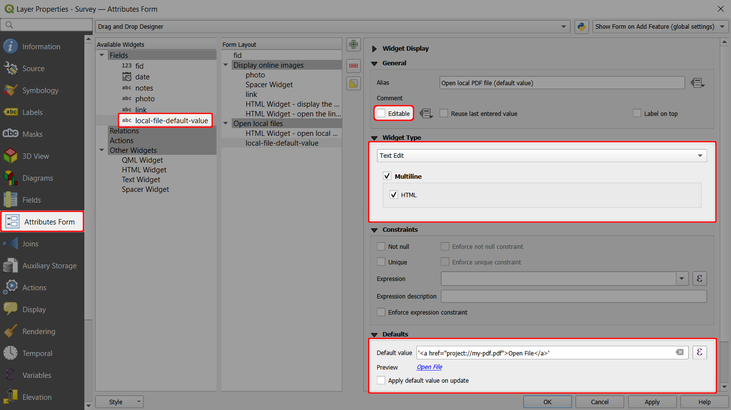 QGIS attributes form open local file QGIS attributes form open local file