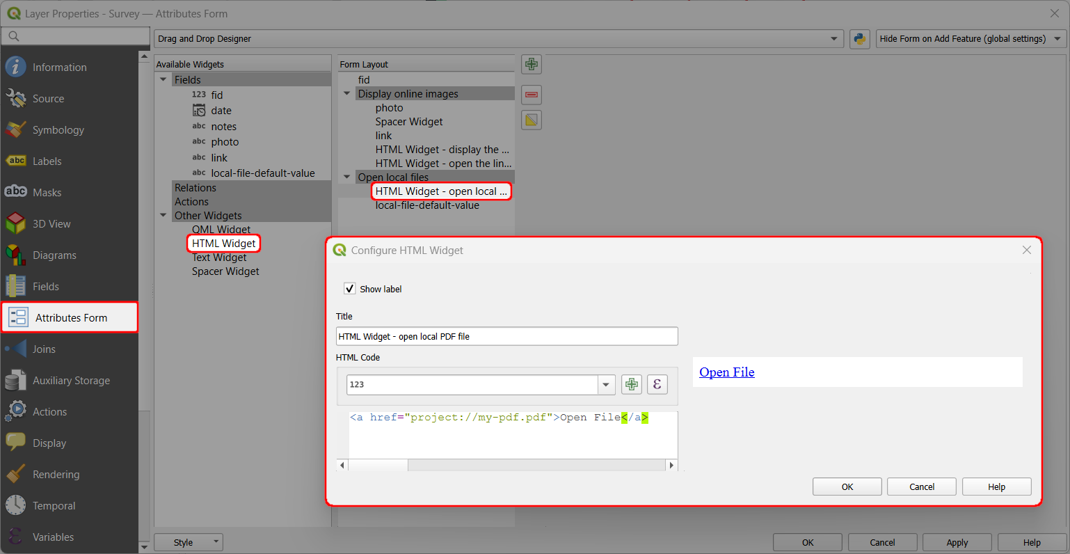QGIS attributes form open local file using HTML widget QGIS attributes form open local file using HTML widget