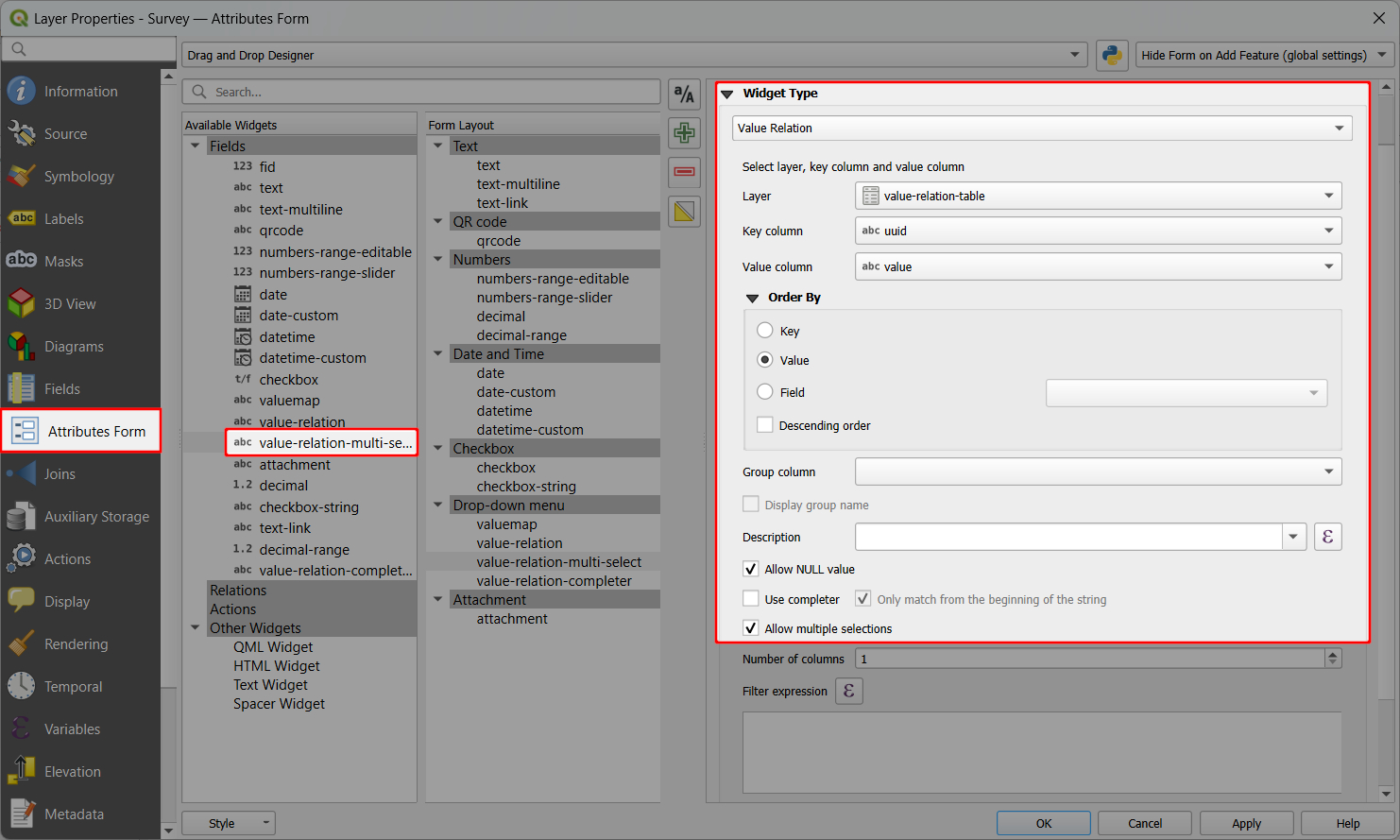 QGIS value relation field form