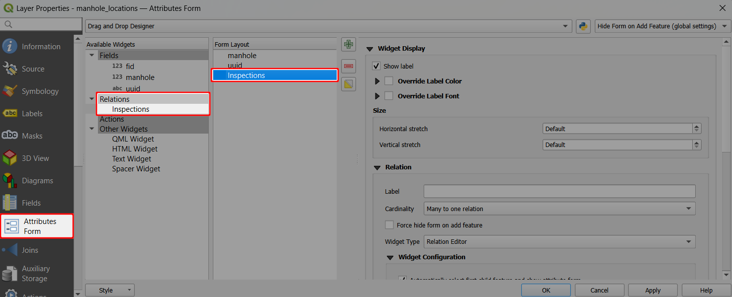 Relation added to the Drag and Drop Form Layout in QGIS