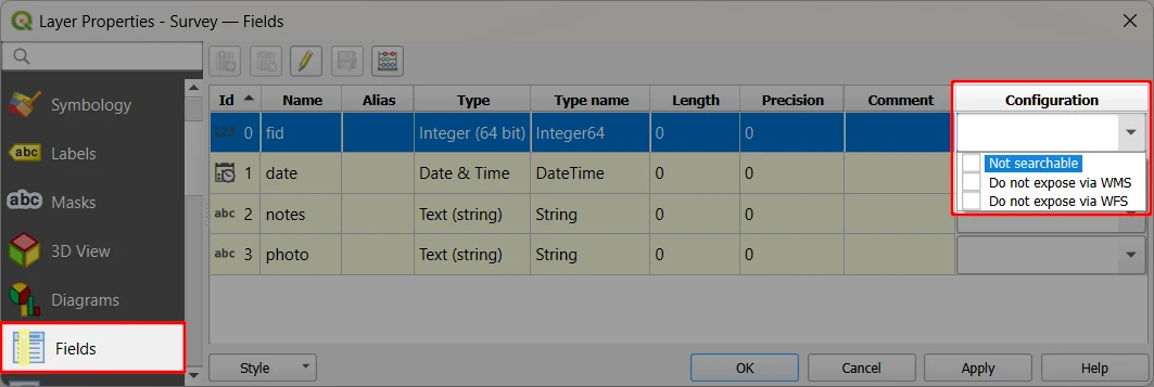 Layer Properties do not expose fields via WMS and WFS