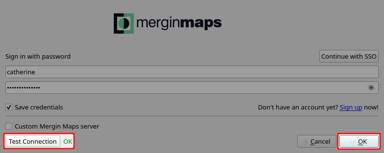 Mergin Maps Plugin in QGIS credentials