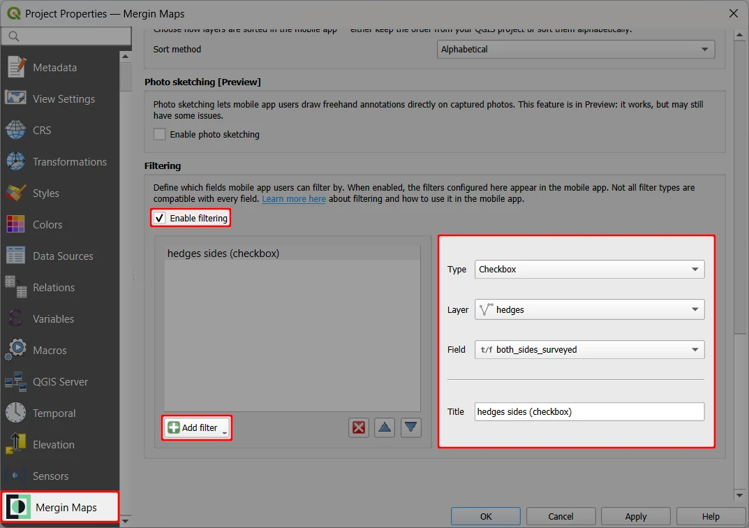 Filtering in QGIS Mergin Maps project