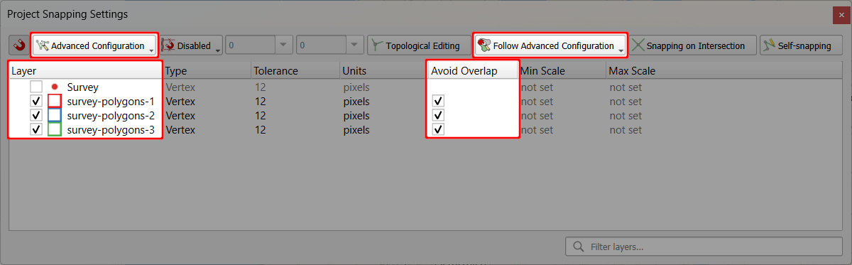 QGIS Snapping toolbar - Advanced configuration