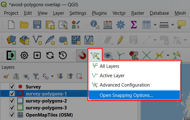 QGIS Snapping toolbar - Open Snapping Options