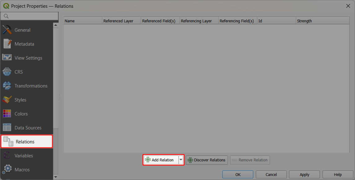QGIS project properties, Relations tab, Add Relation button QGIS project properties, Relations tab, Add Relation button