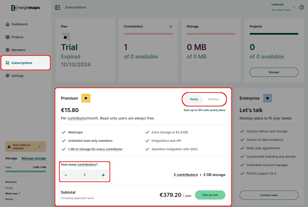 Mergin Maps Subscription details